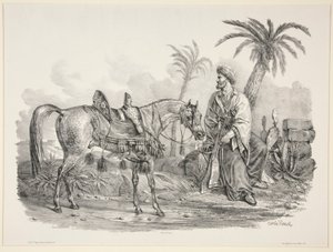 Zittende Arabier met het Hoofd van een Arabisch Paard door Carle Vernet