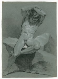 Naaktstudie van een zittende man, met de armen boven het hoofd gekruist door Carle van Loo