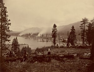View of Gleenbrook [sic] Bay, Lake Tahoe, Showing Saw Mills, Breakwater and Steamers of Carson and Tahoe Lumber and Flume Co., also Lake Terminus of Lake Tahoe, N.G.R.R.