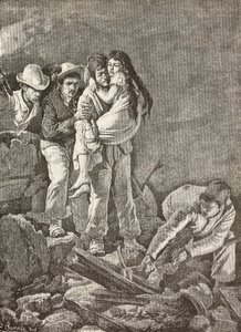 Een meisje wordt gered nadat haar huis instortte, aardbeving in Casamicciola, Italië, gravure naar een tekening van E Sanesi en een schilderij van Carlo Ademollo, uit L