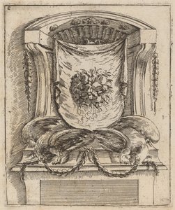 Architectonisch motief met een draperie met fruit door Carlo Antonio Buffagnotti