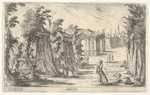 Uitzicht met een man in een tulband en een leeuw staand rechts, tenten en klassieke architectuur, 1680-1710