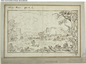 Landelijk kruispunt, met boerderijgebouwen op de voorgrond door Carlo Antonio Tavella