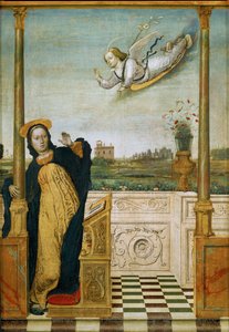 Annunciatie. Middenpaneel van een drieluik (schilderij op hout)