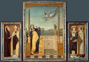 Annunciatie, Sint Benedictus en Augustinus, Sint Stefanus en Angelus (schilderij op hout)