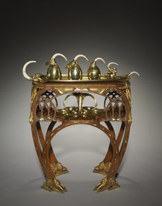 Dienblad met Roomkan, Suikerpot met Deksel, Theepot, Warmwaterpot en Dienblad, uitgevoerd door Adrien-Aurélien Hebrard, en Tafel, c.1907