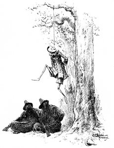Pinokkio door Carlo Chiostri (1863-1939), een van de eerste Italiaanse illustratoren van het werk van Collodi (Carlo Lorenzini). De houten pop wordt door twee bandieten (de kat en de vermomde vos) aan een boom gehangen. Deze originele tekening van Chiostri