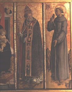 St. Sylvester en St. Franciscus, detail van het San Silvestro polyptiek door Carlo Crivelli