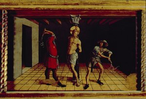 De geseling van Christus, centraal rechter predella paneel van het San Silvestro polyptiek, 1468