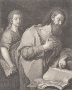 Sint Mattheüs, staand voor een boek rechts met een hand op zijn borst, een andere man be..., 1750-84 door Carlo Faucci
