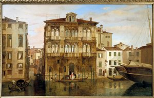 Maria Taglioni in een gondel voor haar gebouw in Venetië