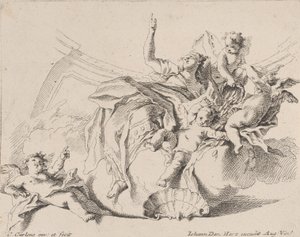 Rijkdom, vertegenwoordigd door een vrouw zittend op wolken en omringd door putti, een van hen is..., 1725-75 door Carlo Innocenzo Carloni