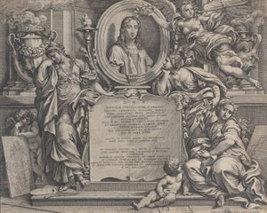 Frontispice met ovaal portret van Raphael, met drie allegorische figuren van de Kunsten, 1675 door Carlo Maratti