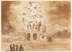 Tekening, Landschap met een brandende toren