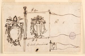 Tekening, Drie schetsen voor een standaard van paus Benedictus XIV, 1740-58 door Carlo Marchionni