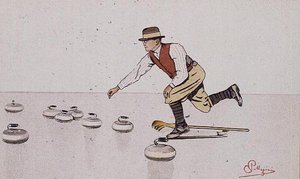 Man die een steen werpt in een curlingwedstrijd door Carlo Pellegrini