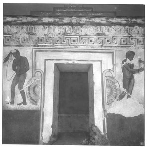 Caile Vipinas, reconstructie van de Etruskische muurschildering in het Francois-graf in Vulci, ca. 320-280 v.Chr. door Carlo Ruspi