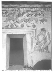 Marce Camitlnas en Cneve Tarchunies Rumach, reconstructie van de Etruskische muurschildering in het Francois-graf in Vulci door Carlo Ruspi