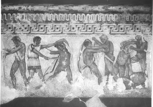 Reconstructie van de Etruskische muurschildering in het Francois-graf in Vulci, ca. 320-280 v.Chr. door Carlo Ruspi