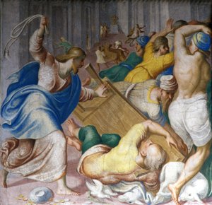 Jezus Christus verdrijft kooplieden bij de poorten van de Tempel. Fresco door Carlo Urbino. Milaan, S. Maria della Passione door Carlo Urbino