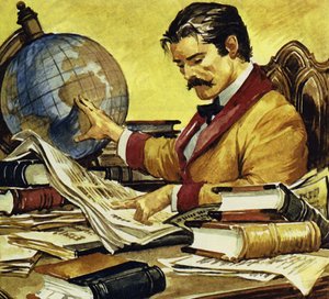 Schweitzer las dat er een tekort was aan arbeiders in Congo (kleurenlitho)