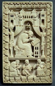 St. Gregorius schrijvend met schrijvers eronder, Franco-Duitse school, c.850-875 door Carolingian School