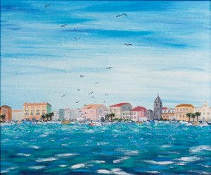 Zeegezicht met huizen, 1995 door Carolyn Hubbard Ford