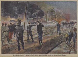 Vernietiging van een olie- en benzinedepot bij een brand in La Plaine-Saint-Denis, Parijs
