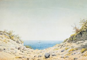 Uitzicht door een oeververzakking op de zee door Caspar David Friedrich