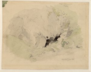 Duits: Studie zur "Felsenschlucht" mit zwei kleinen Figuren am Höhleneingang Studie zur "Felsenschlucht" (letterlijk: Rotskloof) met twee kleine figuren bij de ingang van de grot door Caspar David Friedrich