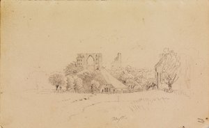 Kloosterruïnes van Eldena, met een huis met rieten dak en een kleine waterpartij door Caspar David Friedrich