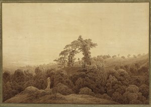 Kustlandschap met kruis en standbeeld door Caspar David Friedrich