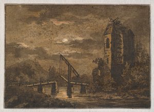 Landschap met wipbrug en ruïne in maanlicht door Caspar David Friedrich