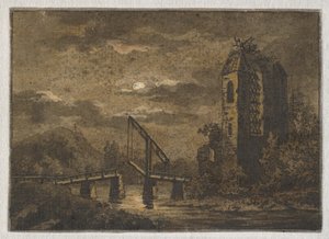 Landschap met wipbrug en ruïne in maanlicht door Caspar David Friedrich