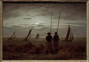 Maanlicht aan het strand met vissers