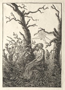 De Vrouw met het Spinrag tussen Kale Bomen door Caspar David Friedrich