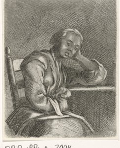 Slapend meisje aan tafel door Caspar Jacobsz. Philips