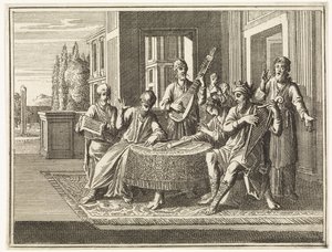 David zit aan een tafel en bespeelt de harp door Caspar Luyken