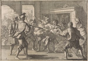 Miguel de Vasconcelos wordt ontdekt in een kast en vermoord door woedende Portugezen, 1640 door Caspar Luyken