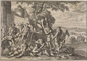 Spaanse soldaten worden op karren geladen en weggevoerd, 1641 door Caspar Luyken
