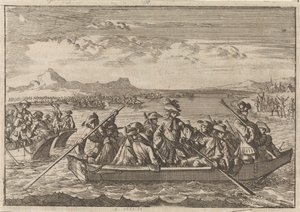 Uit Savoye verjaagde Waldenzen keren in schuiten over het meer van Genève terug naar hun land, 1689 door Caspar Luyken