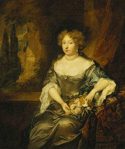 Portret van een dame, zittend, kleine driekwart lengte, in een grijze satijnen jurk, met een mand bloemen voor een raam, een standbeeld in een park daarachter