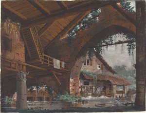 Architectonische fantasie van antieke ruïnes met een watermolen