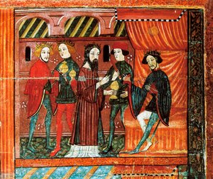 Driekoningen voor koning Herodes, altaarstuk uit Bellver de Cerdany door Catalan School