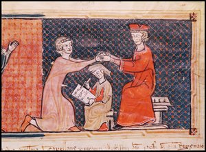 De Koninklijke Aanklager, de Schrijver en de Feodale Heer, uit Capbreu de Clayra et de Millas 1292 door Catalan School