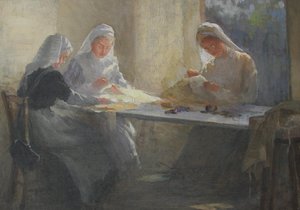 Kensington War Hospital Supply Depot (Kensington Square), Drie verpleegsters zittend aan een tafel en naaien, circa 1916 door Catherine Ouless