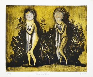 Eva en Eva, 2015 (mokulito-litho met handkleuring) door Cathie Pilkington