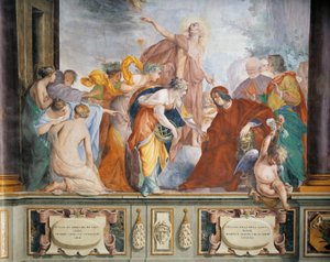 Lorenzo verwelkomt de Muzen en de Deugden vergezeld door Apollo naar Florence, door Francesco Montelatici bekend als Cecco Bravo, fresco