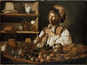 Interieur met een Stilleven en een Jonge Man met een Blokfluit, 17e eeuw