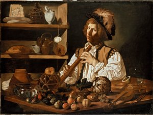 Interieur met een jonge man die een blokfluit vasthoudt door Cecco del Caravaggio